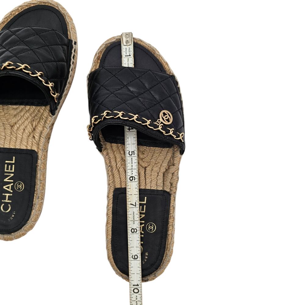 Chanel CC Chain Flat Slide Espadrille Sandal Black Quilted Leather Size 37 6 6.5 - Picture 11 of 11